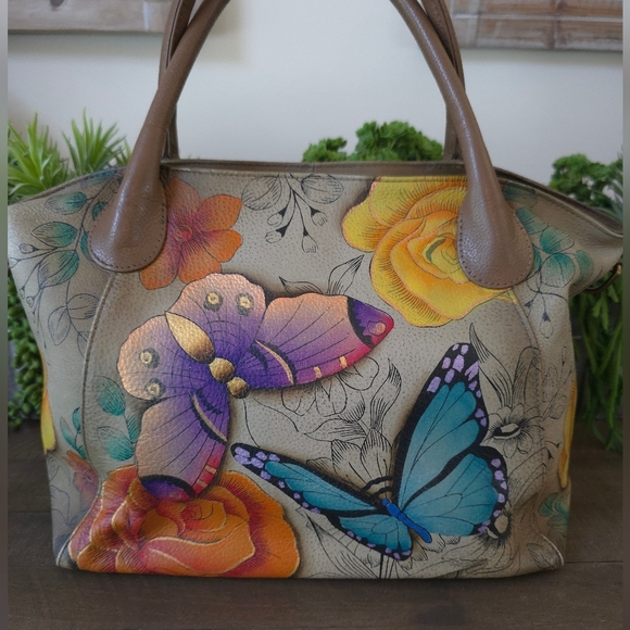 Anuschka Hand Painted Leather Satchel - Floral And Butterfly Design - Picture 16 of 16
